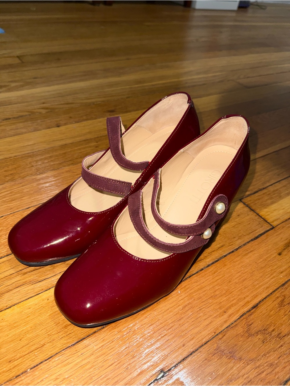 Girotti Mary Jane Pumps in Burgundy with Pearl Button Straps